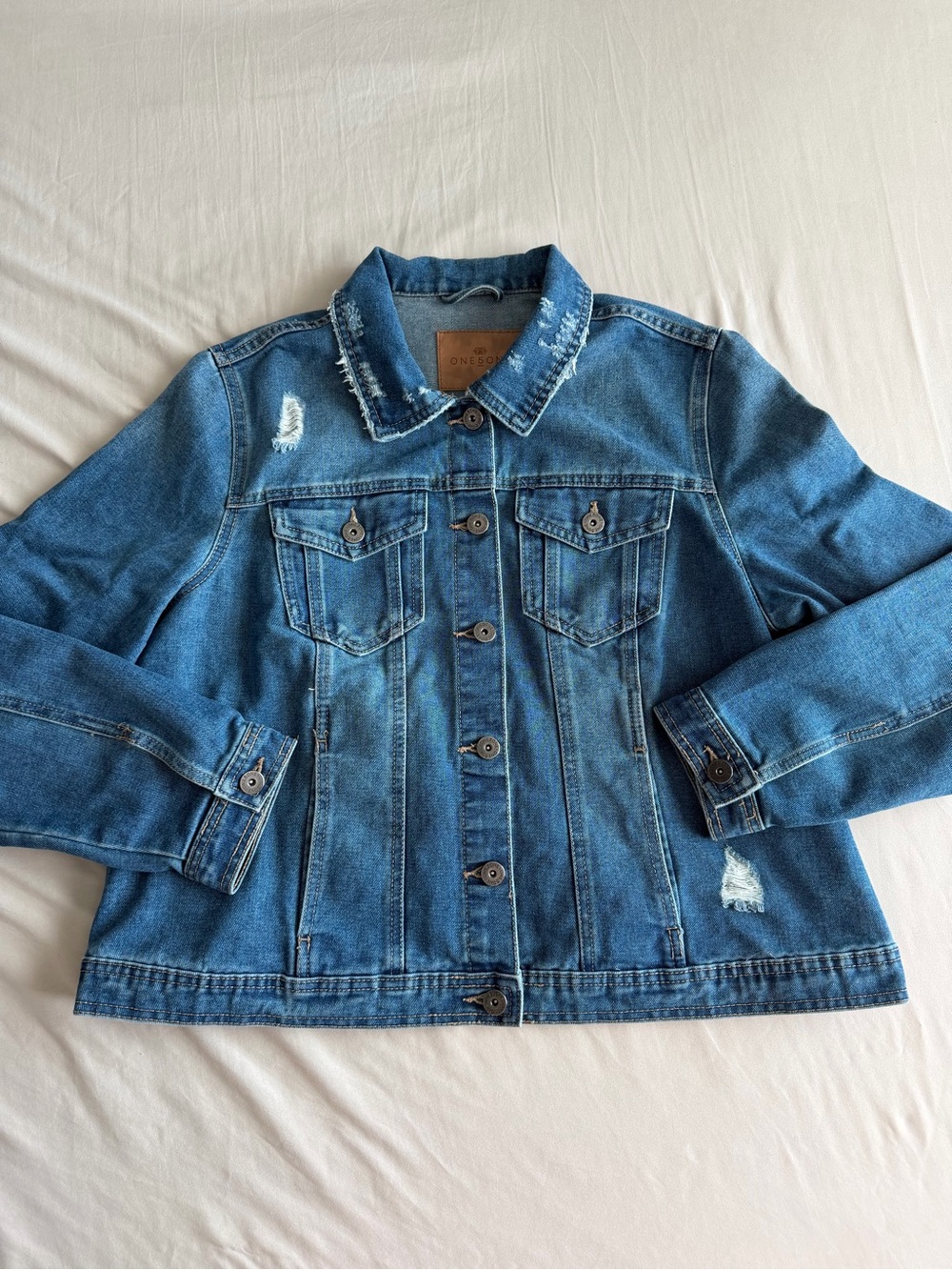 One5One Distressed Medium Wash Denim Jacket (XL)